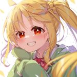  1girl ahoge blonde_hair blurry blush bocchi_the_rock! bow chika_(06chimika13) close-up commentary_request depth_of_field eyelashes eyes_visible_through_hair floating_hair green_hoodie grin hair_between_eyes happy hood hood_down hoodie ijichi_nijika lips long_hair looking_at_viewer polka_dot polka_dot_bow red_bow red_eyes side_ponytail sidelocks simple_background sleeves_past_wrists smile solo very_long_hair white_background 