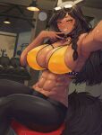  1girl abs absurdres animal_ears armpits bell braid breasts buttslayer clock collar commentary dumbbell english_commentary eyewear_on_head highres indoors large_breasts long_hair looking_at_viewer mole mole_under_eye neck_bell original selfie sitting slit_pupils solo sunglasses sweat tail teeth twin_braids v yellow_eyes 