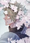  1boy absurdres achilles_(fate) armor branch cherry_blossoms closed_mouth eyelashes fate/apocrypha fate_(series) green_hair haruakira highres looking_ahead male_focus mature_male outdoors short_hair shoulder_armor solo spring_(season) undercut upper_body yellow_eyes 