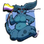  1:1 anthro belly biped black_sclera blue_body blue_ears blue_fur blue_tail breasts claws english_text eyelashes eyeshadow featureless_breasts female flag fur fur_markings fylumi generation_1_pokemon hi_res holding_flag holding_object lgbt_pride lilya_teh_nida looking_at_viewer makeup markings multicolored_body multicolored_ears multicolored_fur navel nidorina nintendo nonbinary_pride_colors nude paws pokemon pokemon_(species) pride_colors purple_eyes signature slightly_chubby solo spots spotted_body spotted_fur spotted_markings spotted_tail tail tail_markings tail_tuft text tuft two_tone_body two_tone_ears two_tone_fur two_tone_tail white_claws 