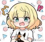  !? 1girl ^^^ animal_print blonde_hair commentary_request controller game_controller green_eyes holding marl_(shironeko_project) mitya open_mouth outline print_shirt rabbit_print shironeko_project shirt short_sleeves solo tears twitter_username upper_body wavy_mouth white_background white_outline white_shirt 