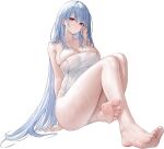  1girl azur_lane bare_legs bare_shoulders barefoot blue_hair breasts collarbone feet full_body hair_between_eyes highres large_breasts legs long_hair looking_at_viewer naked_towel official_alternate_costume official_art playing_with_own_hair purple_eyes sitting snow soles solo thighs toes towel transparent_background very_long_hair voroshilov_(azur_lane) voroshilov_(devoted_as_the_warm_snow)_(azur_lane) wet 