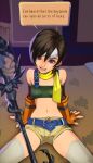  1boy 1girl :d arms_behind_back bare_shoulders belt black_hair blue_belt breasts crop_top elbow_gloves english_commentary english_text fingerless_gloves gloves highres holding indoors keyblade kingdom_hearts looking_at_viewer loose_belt midriff navel on_bed optionaltypo purple_eyes short_hair short_shorts shorts small_breasts smile solo_focus sora_(kingdom_hearts) spread_legs sword_between_thighs thighhighs yuffie_kisaragi 