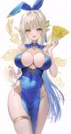  1girl armpit_crease bare_arms bare_shoulders blonde_hair blue_dress blue_hair breasts china_dress chinese_clothes cleavage colored_inner_hair commission covered_navel cowboy_shot dress elf fymrie gold_trim hair_ornament hair_ribbon highres holding holding_strap large_breasts long_hair looking_at_viewer multicolored_hair no_bra open_mouth original panties pelvic_curtain pointy_ears ponytail ribbon side-tie_panties side-tie_peek skindentation sleeveless sleeveless_dress smile solo spaghetti_strap standing string_panties thighlet thighs two-tone_hair underwear very_long_hair yellow_eyes 