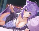  1girl absurdres ahoge animal_ear_fluff animal_ears bangs black_cardigan blush breasts cardigan cat_ears cat_girl cat_tail cleavage closed_mouth dress_shirt hair_between_eyes highres hololive large_breasts long_sleeves looking_at_viewer lying nekomata_okayu on_side open_cardigan open_clothes purple_eyes purple_hair shirt short_hair smile solo tail torakichi_888 virtual_youtuber white_shirt 