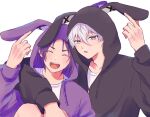  2boys animal_ears animal_hood arm_around_shoulder black_hoodie blue_lock blush closed_eyes fake_animal_ears grey_eyes hair_between_eyes hand_up highres hood hood_up hoodie iosi2xxx long_sleeves looking_at_viewer male_focus mikage_reo multiple_boys nagi_seishirou official_alternate_costume open_mouth purple_hair purple_hoodie rabbit_ears rabbit_hood short_hair simple_background smile upper_body white_background white_hair 