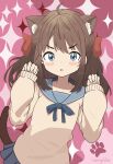  1girl absurdres animal_ear_fluff animal_ears blue_sailor_collar blue_skirt blush brown_hair cardigan cat_ears grey_eyes hair_ribbon highres indie_virtual_youtuber live2d_inc. long_hair looking_at_viewer merryhime momose_hiyori neuro-sama paw_pose paw_print red_ribbon ribbon sailor_collar school_uniform skirt two_side_up v-shaped_eyebrows virtual_youtuber yellow_cardigan 