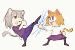  1girl 2girls :3 absurdres animal_ears blonde_hair cat_ears cat_tail chibi cigarette closed_eyes evo_moment_#37 grey_hair highres long_skirt long_sleeves melty_blood meme multiple_girls neco-arc neco-arc_chaos neco_spirit open_mouth parrying red_eyes setsuna_kasugano short_hair skirt smile smoking tail tsukihime turtleneck white_background 