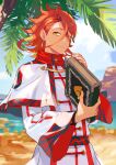 1boy book closed_mouth earrings fire_emblem fire_emblem_engage hair_between_eyes highres holding holding_book jewelry long_sleeves mikami orange_hair palm_tree pandreo_(fire_emblem) priest robe sand short_hair sky solo tree yellow_eyes 