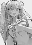  1girl absurdres blue_archive blush breasts clothes_lift covering fang greyscale highres jewelry large_breasts lifted_by_self long_hair looking_at_viewer monochrome movik off_shoulder open_mouth ring simple_background solo sweat two_side_up upper_body very_long_hair wedding_ring yuuka_(blue_archive) 