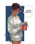  1girl baggy_clothes blue_background blush breasts brown_eyes brown_hair coffee coffee_mug commentary cowboy_shot cup dark-skinned_female dark_skin dioda38573760 drink english_commentary english_text expressionless from_side highres holding holding_cup holding_drink holding_spoon light_frown lois_lane long_sleeves looking_at_viewer looking_to_the_side medium_breasts mug my_adventures_with_superman no_pants outline outside_border short_hair solo speech_bubble spoon standing stirring sweater thick_eyebrows tomboy v-neck very_short_hair white_background white_outline white_sweater 