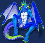  absurd_res anthro blue_body claws dragon ear_piercing erection gauged_ear genitals hi_res horn male penis piercing solo spoilla tentacles white_body wings 