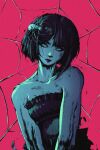  1girl absurdres akramness bare_shoulders black_hair blue_eyes bug commentary dress highres looking_at_viewer original red_background red_lips short_hair silk solo spider spider_web strapless strapless_dress 