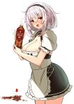  1girl apron arrow_(symbol) azur_lane blush bottle breasts broken cleavage dress grey_hair hair_between_eyes hairband hey_taisyou highres holding holding_bottle large_breasts looking_at_viewer open_mouth puffy_short_sleeves puffy_sleeves red_eyes short_hair short_sleeves simon_(ttgl) simple_background sirius_(azur_lane) solo spill sweat tea white_apron white_background 