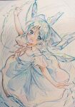  1girl blue_background blue_dress blue_eyes blue_hair cirno cirno_day collar colored_pencil_(medium) dress highres ice ice_wings medium_hair one-hour_drawing_challenge open_mouth orya_422 outstretched_arms ribbon shirt short_sleeves smile solo touhou traditional_media white_shirt wings 