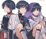  3boys absurdres expressionless frown genshin_impact grey_background highres japanese_clothes looking_at_viewer looking_back male_focus multiple_boys multiple_persona purple_eyes purple_hair scaramouche_(genshin_impact) scaramouche_(kabukimono)_(genshin_impact) short_hair smile u923944412 veil vision_(genshin_impact) wanderer_(genshin_impact) 
