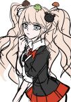  1girl bear_hair_ornament black_shirt bow closed_mouth collared_shirt cowboy_shot danganronpa:_trigger_happy_havoc danganronpa_(series) enoshima_junko from_side frown grey_eyes hair_ornament highres miniskirt mushroom_on_head necktie otake0san pleated_skirt red_bow red_skirt shirt sketch skirt solo twintails white_background 