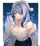  1girl :d bare_shoulders blue_hair breasts city cleavage commentary_request girls&#039;_frontline_neural_cloud gloves grey_choker grey_hair grey_sweater hubble_(girls&#039;_frontline_nc) jewelry komuer large_breasts long_hair long_sleeves looking_at_viewer multicolored_hair necklace off-shoulder_sweater off_shoulder open_mouth pom_pom_(clothes) purple_eyes ribbed_sweater smile solo streaked_hair sweater upper_body white_gloves white_headwear 