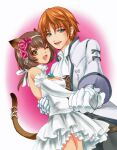  1boy 1girl :d ;d animal_ears ascot avatar_(ff11) bangs bare_shoulders blue_eyes blue_gemstone breasts brooch brown_eyes brown_hair brown_tail cat_ears cat_girl cat_tail cleavage dress elbow_gloves facial_mark final_fantasy final_fantasy_xi flower formal gem gloves hair_between_eyes hair_ribbon hand_on_another&#039;s_back holding_hands hume jacket jewelry long_hair long_sleeves looking_at_viewer low_ponytail medium_breasts mithra_(ff11) one_eye_closed open_mouth orange_hair pearl_(gemstone) pink_flower pink_lips pink_rose ribbon rose sakutsuki short_hair smile tail tail_ornament tail_raised whisker_markings white_ascot white_dress white_gloves white_jacket white_ribbon 