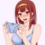  1girl blue_bra blue_panties blush bra breasts breath collarbone hairband highres holding holding_clothes holding_panties holding_underwear idolmaster idolmaster_million_live! long_hair looking_at_viewer medium_breasts namidame nose panties red_eyes red_hair sidelocks simple_background solo straight_hair sweat tanaka_kotoha underwear upper_body very_long_hair yellow_hairband 