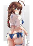  1girl ahoge arthur_ko ass bikini blue_bikini blue_eyes braid breasts brown_hair cropped_shirt dress_shirt from_behind hair_flaps hair_ornament halterneck highres kantai_collection looking_at_viewer looking_back medium_breasts open_clothes open_shirt paid_reward_available shigure_(kancolle) shigure_kai_san_(kancolle) shirt side-tie_bikini_bottom simple_background single_braid solo string_bikini swimsuit translation_request 