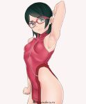  arm_up armpits bare_hips black_hair boruto:_naruto_next_generations china_dress chinese_clothes dress frown glasses highleg highres kurota_snana9241 naruto_(series) red-framed_eyewear thighs twitter_username uchiha_sarada 