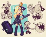  ! absurdres bare_shoulders black_dress black_footwear black_gloves blonde_hair blue_eyes bracelet bullet_bill chain_chomp cropped_torso crown dress full_body gaziter gloves hair_over_one_eye hammer highres holding holding_hammer jewelry mario_(series) mario_tennis multiple_views racket sharp_teeth sleeveless sleeveless_dress solo_focus spiked_bracelet spikes spoken_exclamation_mark standing teeth tennis_racket walking waluigi wario warupeach 