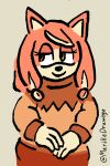  2023 3_fingers anthro brown_clothing brown_sweater brown_topwear canid canine canis clothing conductor&#039;s_wife_(sonic) domestic_dog eyelashes female fingers fur hair half-closed_eyes hi_res long_sleeves mammal mariken narrowed_eyes orange_eyes pigtails pink_body pink_fur pink_hair sega signature simple_background smile solo sonic_the_hedgehog_(series) sweater tan_background the_murder_of_sonic_the_hedgehog topwear 