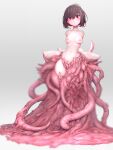  1girl black_hair blush breasts commentary_request expressionless full_body grey_background hana_(yuta) highres looking_at_viewer monster_girl multicolored_hair nipples nude original red_eyes red_hair shokushi_yuu short_hair slime_(substance) small_breasts solo tentacle_girl tentacles two-tone_hair 