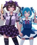 2girls :d black_necktie black_thighhighs blue_bow blue_eyes blue_hair blue_shirt blue_skirt blue_vest bow cellphone checkered_clothes checkered_skirt cirno collared_shirt commentary cosplay detached_wings grin hair_bow hat himekaidou_hatate himekaidou_hatate_(cosplay) holding holding_hands holding_phone ice ice_wings looking_at_another medium_hair mikan_(manmarumikan) miniskirt multiple_girls necktie phone pink_necktie pink_shirt purple_bow purple_eyes purple_headwear purple_shirt shirt short_hair simple_background skirt smile standing thighhighs tokin_hat touhou twintails two_side_up vest white_background white_thighhighs wings 