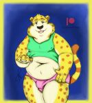  anthro belly benjamin_clawhauser cheetah clothing disney felid feline green_clothing hi_res male mammal notamo overweight overweight_male pink_clothing pink_underwear smile smiling_at_viewer solo touching_belly underwear zootopia 