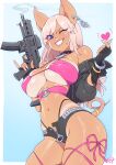  1girl breasts cleavage covered_nipples fingerless_gloves gloves gun heart highleg highleg_panties holding holding_gun holding_weapon jewelry kajin_(kajinman) large_breasts long_hair looking_at_viewer one_eye_closed original panties panty_straps shorts smile smoke smoking_gun solo string_panties underwear unzipped weapon 