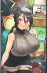  1girl aged_up bare_arms bare_shoulders black_hair blush breasts brown_sweater character_request cowgirl_position curvy hair_between_eyes highres hizakake huge_breasts indoors jewelry looking_at_viewer necklace open_mouth pokemon ponytail purple_eyes ribbed_sweater ring short_shorts shorts sleeveless sleeveless_turtleneck smile straddling sweater swept_bangs taut_sweater television thighhighs thighs turtleneck turtleneck_sweater zinnia_(pokemon) 