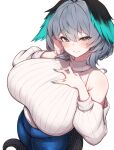  1girl absurdres aqua_nails arknights blue_pants blush breasts bright_pupils commission detached_sleeves green_eyes grey_hair hair_between_eyes hand_on_own_chest head_wings highres ho&#039;olheyak_(arknights) huge_breasts jewelry looking_at_viewer pants pixiv_commission ribbed_sleeves ribbed_sweater rikuguma ring short_hair simple_background smile snake_tail solo sweater sweater_tucked_in tail turtleneck turtleneck_sweater white_background white_pupils white_sleeves white_sweater wings 