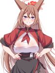 animal_ears black_skirt blue_archive breasts brown_hair brown_pantyhose chinese_clothes fox_ears jacket large_breasts neckerchief pantyhose purple_eyes red_jacket red_neckerchief rumi_(blue_archive) shirt simple_background skirt suterii white_background white_shirt 