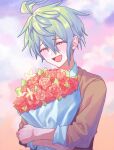  1boy :d amami_rantaro antenna_hair blush bouquet brown_jacket closed_eyes cloud danganronpa_(series) danganronpa_v3:_killing_harmony day flower green_hair hair_between_eyes happy highres holding holding_bouquet jacket long_sleeves official_alternate_costume open_mouth outdoors rose ru_nru_n_(kei05972312) smile solo 