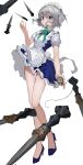  1girl absurdres apron blue_dress blue_eyes blue_footwear braid dagger dress full_body grey_hair henginnnnnn high_heels highres holding_stopwatch izayoi_sakuya knife legs long_legs short_hair simple_background solo stopwatch touhou twin_braids weapon white_apron white_background 