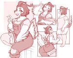  anthro avian beak big_butt bird butt chicken clothed clothing eyes_closed farm_girl feathers female freckles galliform gallus_(genus) iriedono monochrome multiple_poses overalls phasianid pose scuted_legs scutes shirt smile solo tail_feathers topwear 