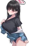  1girl adjusting_shirt asashin_(asn) black_hair black_shirt blue_archive blue_buruma blush breasts bright_pupils buruma collarbone hair_ornament hairclip halo highres jacket large_breasts long_hair looking_at_viewer off_shoulder partially_unzipped red_eyes rio_(blue_archive) shirt solo sweat t-shirt track_jacket very_long_hair white_pupils 