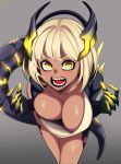  1girl absurdres bent_over black_horns blonde_hair breasts claws dark_skin dragon_girl dragon_horns glowing_tail grey_background highres horns hz_(666v) large_breasts looking_at_viewer no_bra open_clothes open_mouth open_shirt original sharp_teeth short_hair solo spikes tail teeth thighs tongue two-tone_horns yellow_eyes yellow_horns 