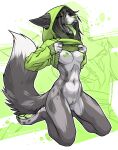  abstract_background absurd_res anthro breasts canid canine canis clothed clothing dog_paws domestic_dog female fox fur genitals green_background green_eyes green_hair green_nipples green_nose green_pawpads green_pussy green_tongue grey_body grey_ears grey_fur hair hi_res looking_at_viewer luckyonn mammal nipples open_mouth pawpads pussy raised_clothing simple_background solo spots spotted_body spotted_fur teeth tongue white_background white_body white_fur 