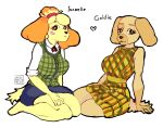  animal_crossing anthro big_breasts blush breasts brown_eyes canid canine canis clothed clothing domestic_dog duo female fully_clothed fur goldie_(animal_crossing) half_smile_bird isabelle_(animal_crossing) mammal nintendo sitting yellow_body yellow_fur 