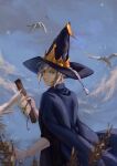  1boy absurdres bird blue_eyes cloud day envelope grey_hair hat highres holding holding_envelope lan_die_(blue_butterfly) looking_at_viewer looking_back male_focus outdoors quanzhi_gaoshou robe scroll sidelocks solo standing vaccaria wizard_hat 