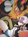  1girl aruke_(gter7727) baseball_cap blue_eyes brown_hair claws denim denim_shorts embers emboar exposed_pocket hat hilda_(pokemon) holding holding_poke_ball poke_ball poke_ball_(basic) pokemon pokemon_(creature) pokemon_bw ponytail red_eyes shirt shorts sleeveless sleeveless_shirt thick_thighs thighs vest white_shirt wristband 