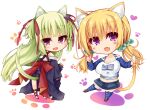  2girls :3 :d ahoge animal_ear_fluff animal_ears back_bow blonde_hair blue_kimono blue_shirt blue_thighhighs blunt_bangs blunt_ends bow breasts cat_ears cat_girl cat_tail chibi cleavage commentary_request criss-cross_halter cross-laced_footwear denim denim_shorts ero-god eyes_visible_through_hair fang garter_straps green_hair green_scrunchie hair_between_eyes hair_ornament hair_ribbon hair_scrunchie halterneck hime_cut index_finger_raised japanese_clothes kimono large_breasts lena_liechtenauer light_blush long_hair long_sleeves looking_at_viewer looking_back low_twintails multiple_girls murasame_(senren) navel open_mouth paw_print pom_pom_(clothes) purple_eyes red_bow red_eyes red_ribbon ribbon scrunchie senren_banka shirt shorts sidelocks simple_background sleeves_past_wrists smile striped striped_thighhighs tail thighhighs twintails two-tone_shirt two_side_up very_long_hair w_arms white_background white_shirt wide_sleeves zettai_ryouiki 