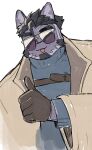  1boy animal_ears bara cat_boy cat_ears chest_harness facial_hair furry furry_male gloves goatee harness highres jacket live_a_hero male_focus open_clothes open_jacket purple_fur short_hair solo sunglasses syukapong tsuneaki_(live_a_hero) unfinished 