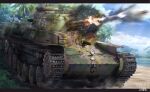  artist_name battle beach black_border border camouflage cloud cloudy_sky firing highres makiyo_shine military_vehicle motor_vehicle no_humans ocean original palm_tree sand sky star_(symbol) tank tree type_97_chi-ha type_97_lmg vehicle_focus world_war_ii 