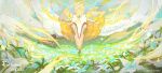  1boy blonde_hair dragon dragon_horns eastern_dragon field flower flower_field horns inari_(rabbit292) light_dragon_(zelda) link looking_at_another master_sword pointy_ears silent_princess spines standing the_legend_of_zelda the_legend_of_zelda:_tears_of_the_kingdom 
