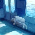  1boy air_bubble blue_theme bubble driftwoodwolf fish lying male_focus on_side original pants shoes solo sunlight track_pants train train_interior underwater 