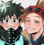  2boys black_eyes blue_shirt blush boku_no_hero_academia brown_hair eyewear_on_head freckles green_eyes green_hair grey_background grin highres looking_at_viewer male_focus midoriya_izuku multiple_boys red_headwear rody_soul shirt short_hair sideburns simple_background smile sunglasses tinted_eyewear ton_(ton19130318) upper_body 